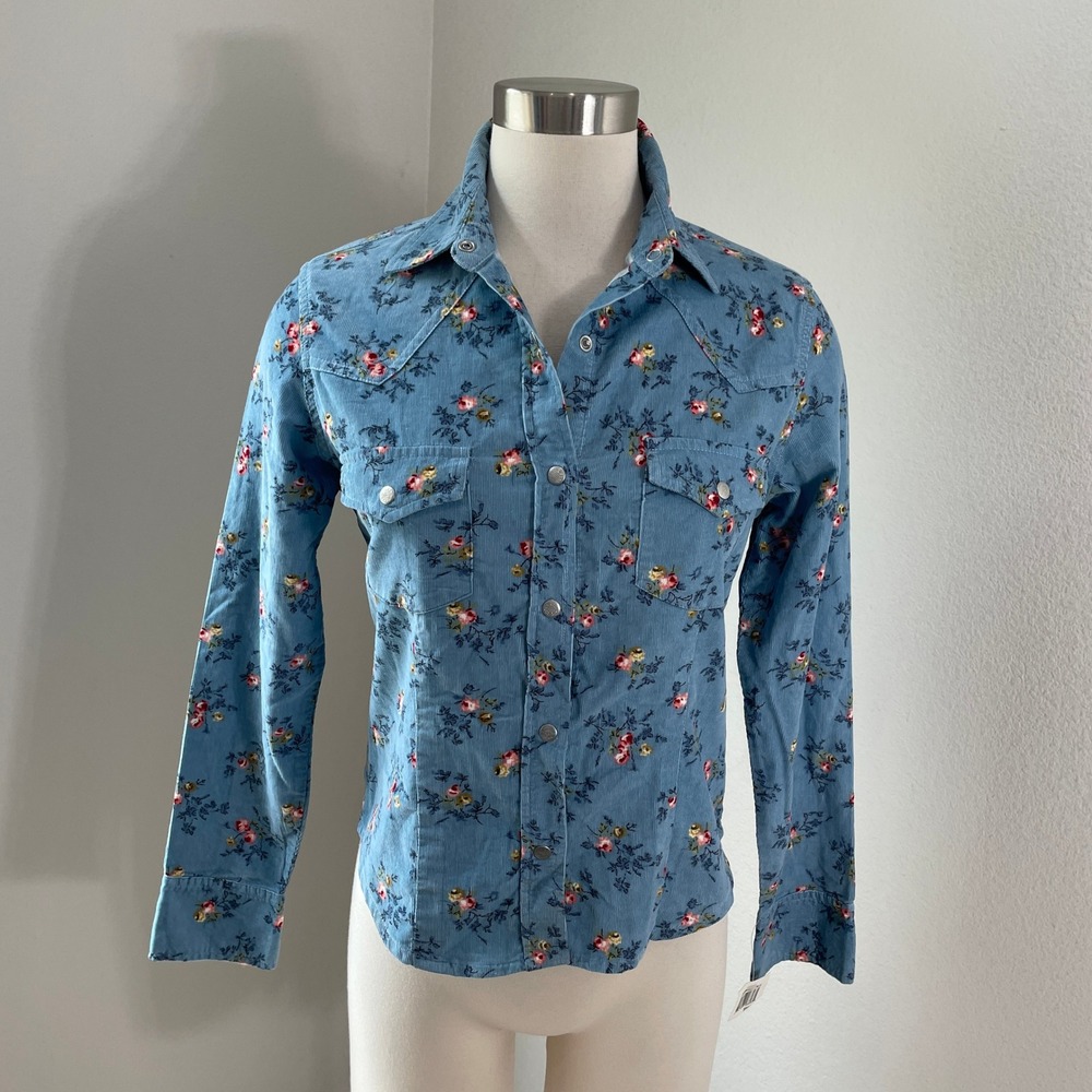 NEW DCC Womens Small Missy Blue Floral Corduroy Snap Shirt Western Long Sleeve